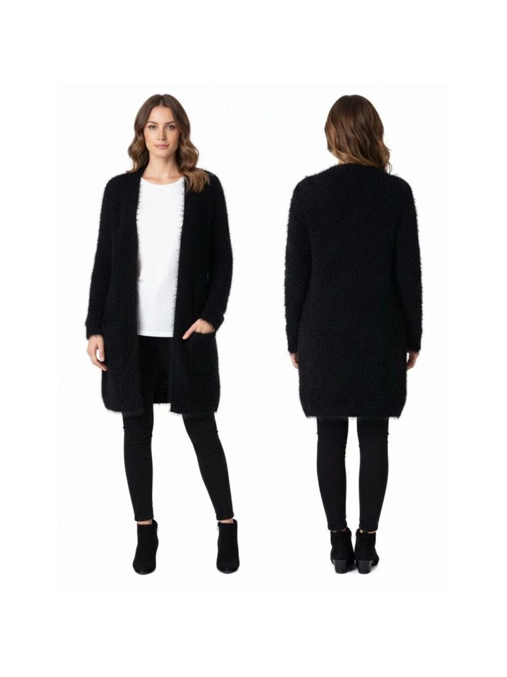 Chelsea & Theodore Black Fuzzy Cardigan Duster Sweater L NWT